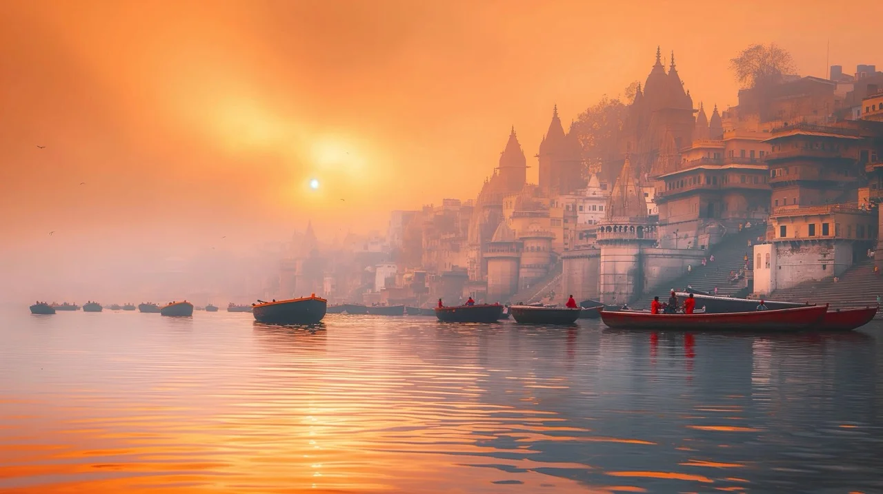 Dawn over the Varanasi ghats — pilgrims rowing across a mist-gold Ganga as temple spires catch the first light.